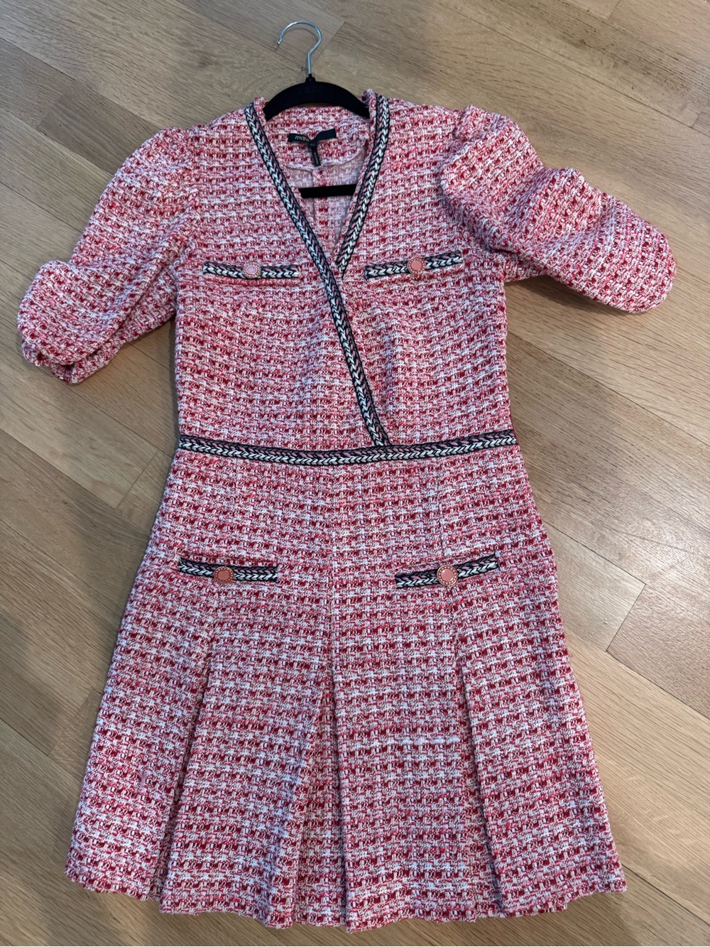 Maje Pink Tweed Wrap-Style Dress with Black Trim